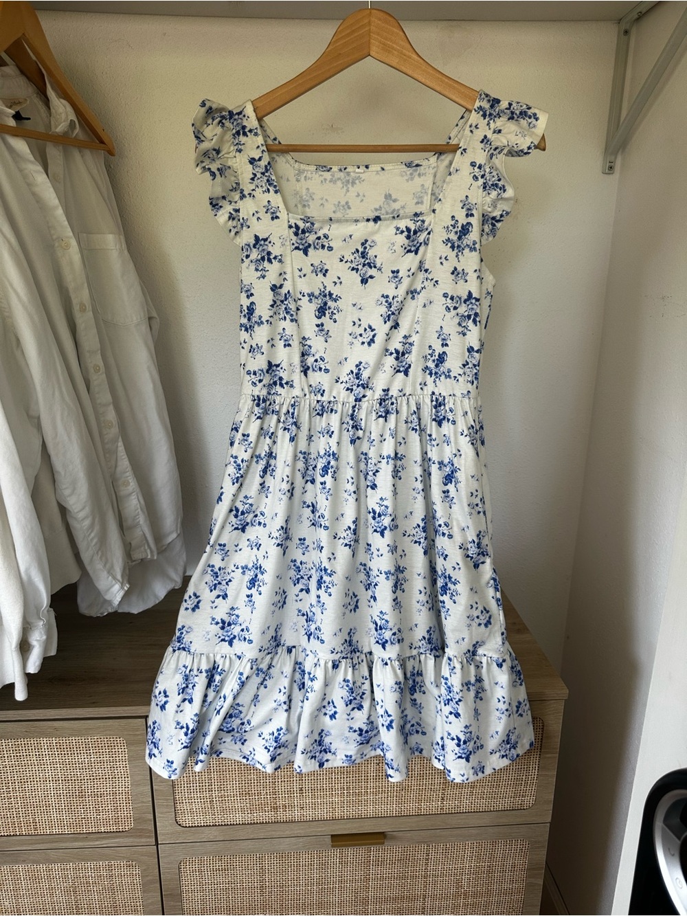 White & Blue Floral Ruffle Sundress